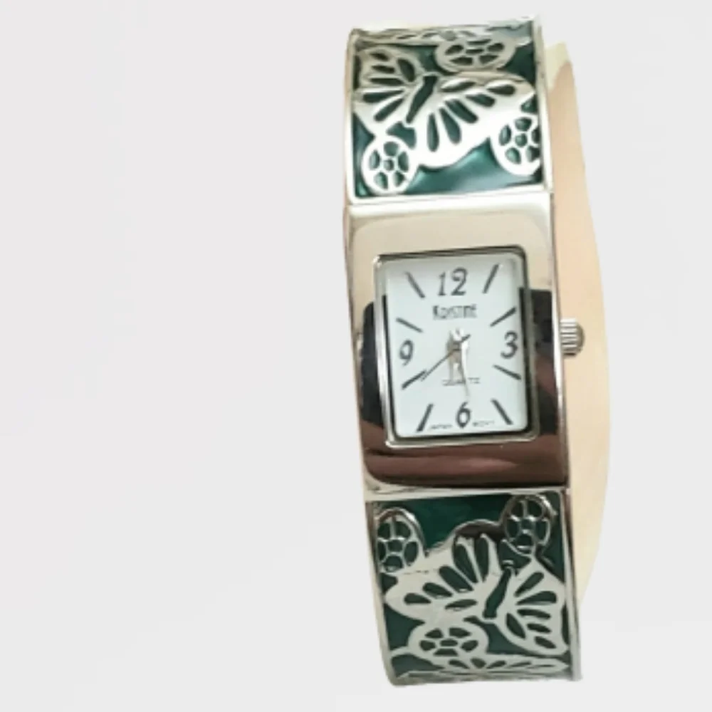 Green Kristine Engraved Butterfly Enamel Cuff Watch Silver Band Quartz